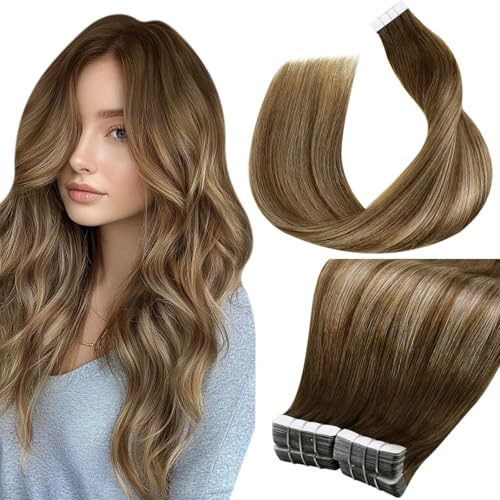 Image of LaaVoo Hair Extensions Tape in Human Hair Brown Tape in Hair Extensions Balayage Light Brown to Ash Brown Human Hair 40pcs 100g 22 Inch