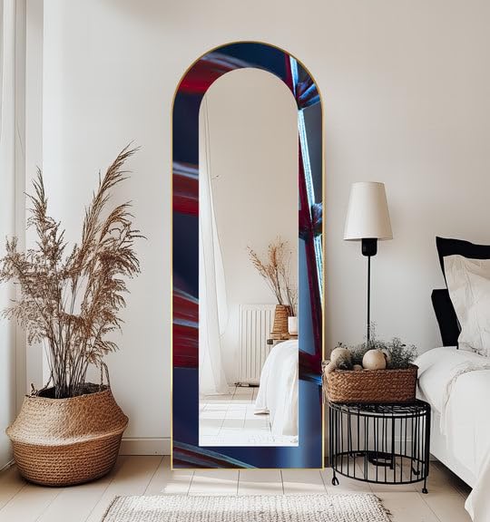 Specchio da terra astratto ad arco a tutta lunghezza da 69,8 cm di larghezza x 170,8 cm di altezza, colore blu scuro e cremisi, con cornice nera e cornice dorata