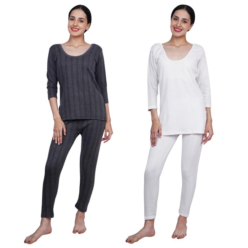 wako Women Full Sleeve Thermal Set White Dark Grey Cotton Blend Innerwear Body Warmer Comfortable Stylish Thermal Top and Bottom Combo Warm Winter Innerwear for Ladies-picture-31