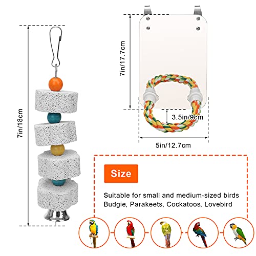 Image of AHIER 7 Inch Bird Mirror with Rope Perch, Bird Toys Swing Parrot Grinding Stone with Bell for Parakeet Cockatoo Cockatiel Lovebirds Canaries (Pack of 2)
