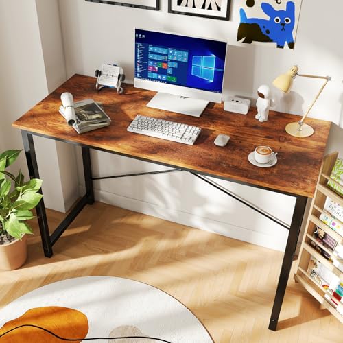 Image of DUMOS 47 Inch Computer Desk for Home Office, Modern Writing Study Table Simple Modern Style for Bedroom Small Space, Large Work Desks with X-Shaped Reinforcement, Wood Brown