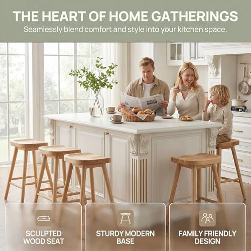 Image of HNY Backless Counter Height Bar Stools Set of 4, 24'' Rustic Farmhouse Wooden Saddle Stools Ergonomic-Seat Bar Chairs, Bar Height Barstools for Kitchen Counter Island, Natural