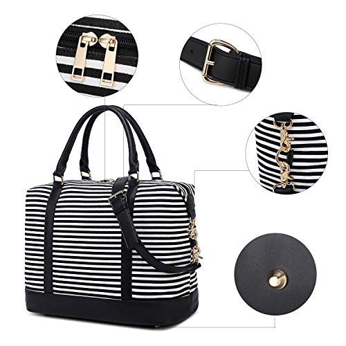CAMTOP Women Ladies Weekender Travel Bag Canvas Overnight Carry-on Duffel Tote Luggage (Stripe -Black)
