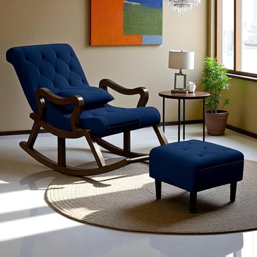 Image of Wood Modern Ergonomic Rocking Chair Including with Cushain Footrest for Relaxing | Rolling Chair for Living Room (Blue)