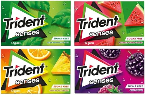 Trident Senses Mezcla de chicles | Sin azúcar | Sabor Sandía Amanecer | Sabor mezcla tropical | Sabor a menta de la selva tropical | Sabor a fiesta de bayas | 12 paquetes (12 x 12 grageas) | 276 gramo