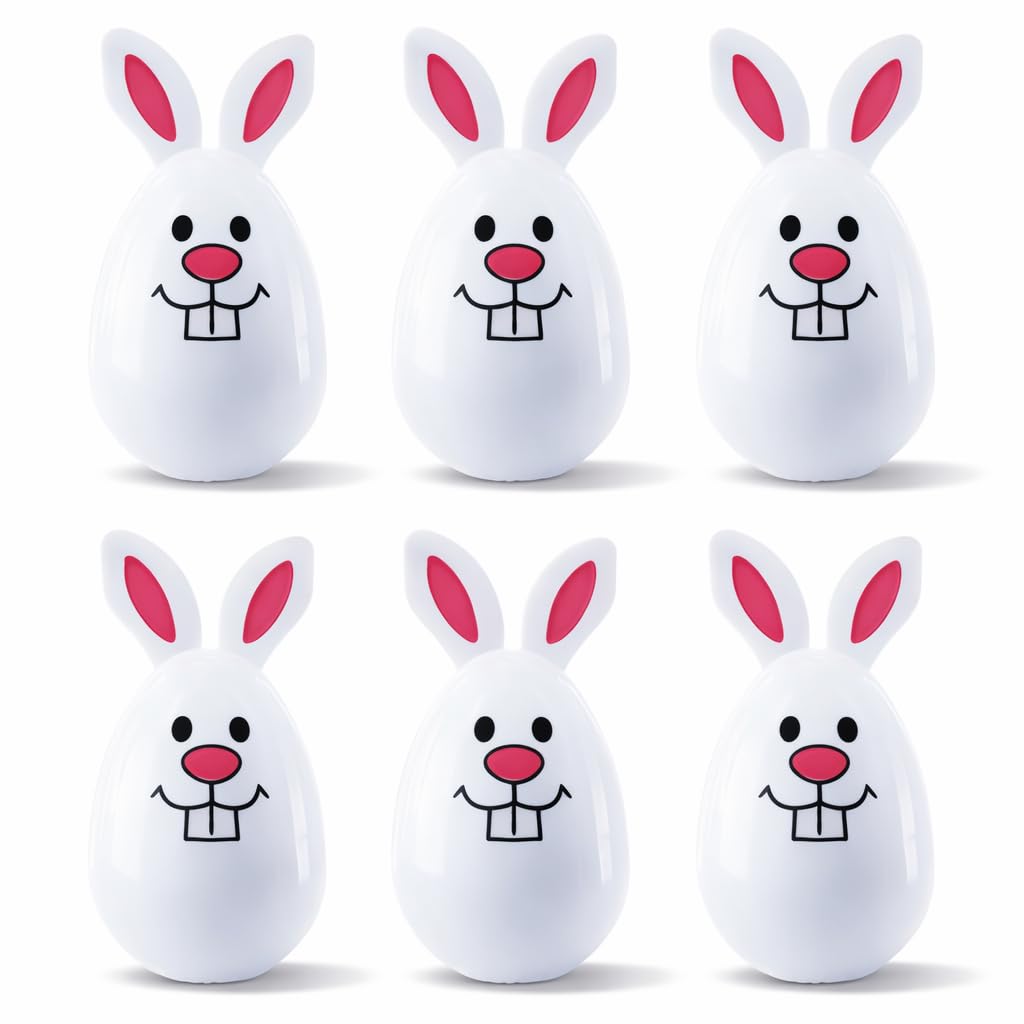 Set di 6 uova di Pasqua in plastica con coniglietto sorridente bianco