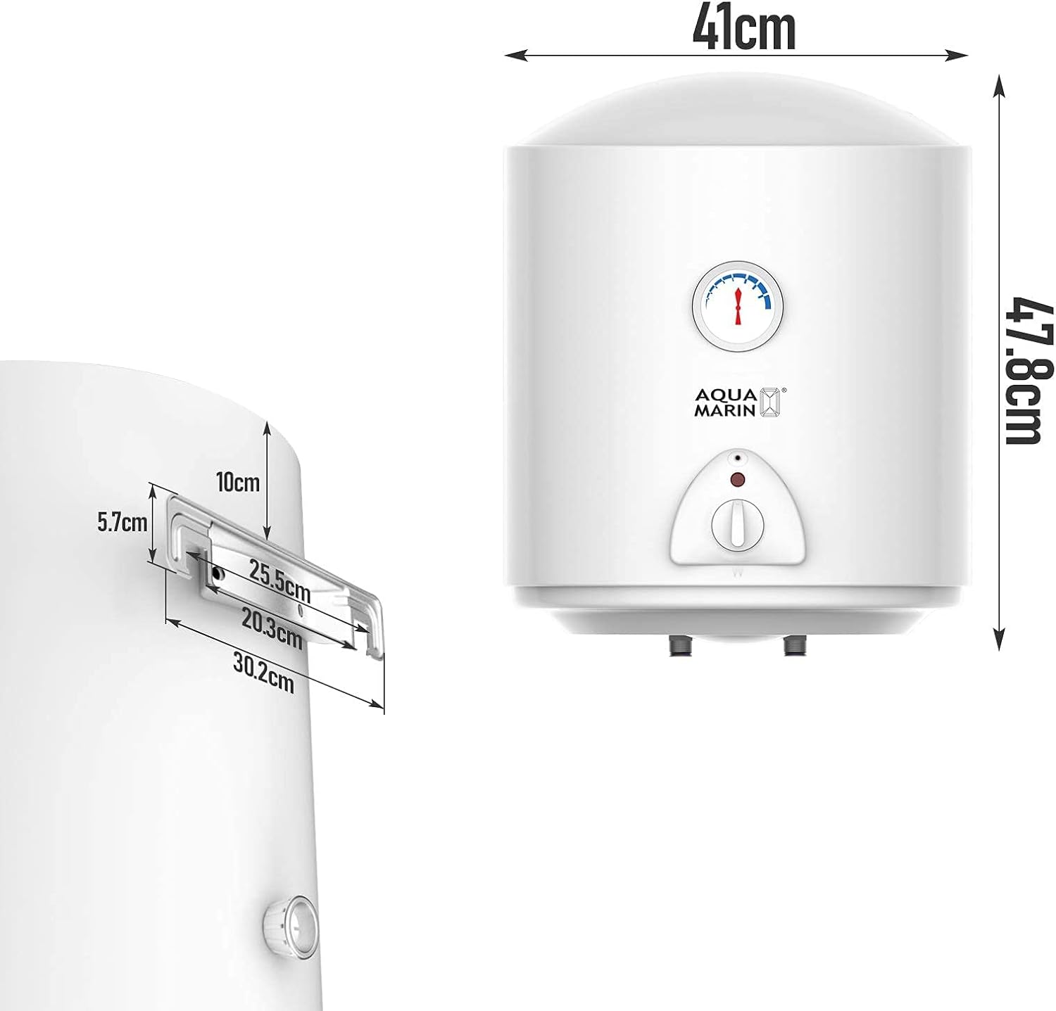 Diagram showing the dimensions and mounting points of the Aquamarin water heater