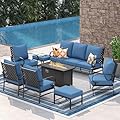 VICLLAX 8 Pieces Patio Furniture Set with 45-inch Firepit,Outdoor Furniture of 3-Seater Sofa, 4 Patio Single Sofas and Metal Top Firepit with 2 Ottomans for Backyard Deck and Garden(Blue)