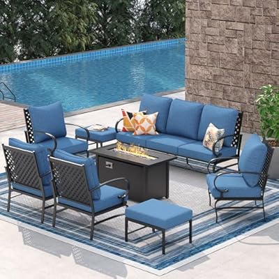 VICLLAX 8 Pieces Patio Furniture Set with 45-inch Firepit,Outdoor Furniture of 3-Seater Sofa, 4 Patio Single Sofas and Metal Top Firepit with 2 Ottomans for Backyard Deck and Garden(Blue)