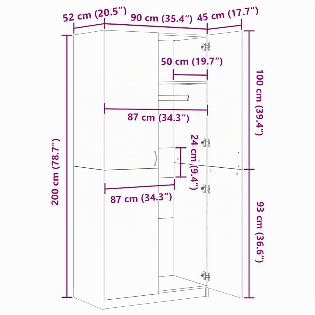 vidaXL Armadio Bianco 90x52x200 cm in Legno Multistrato