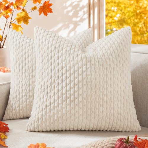 Kevin Textile Soft Corduroy 18x18 Inch Pillow Covers 2 Pack, Cream White