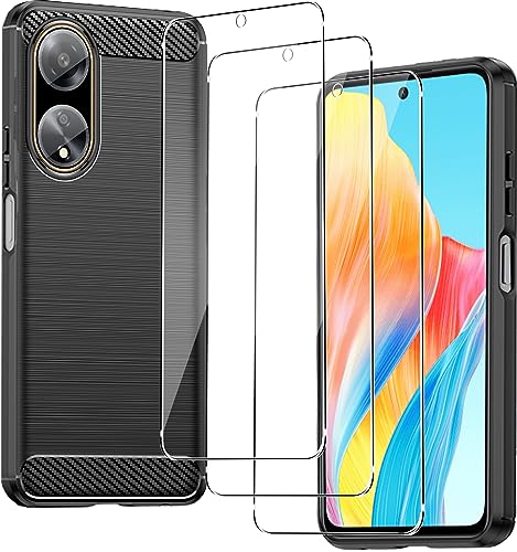 CONAPIKA Funda para OPPO A98 5G con 3 Piezas Cristal Templado, TPU Suave Silicona Anti Drop, Anti Scratch, Anti-Choque Mate Carbono Ligera Anti Fingerprint Case para OPPO A98 5G, Negro