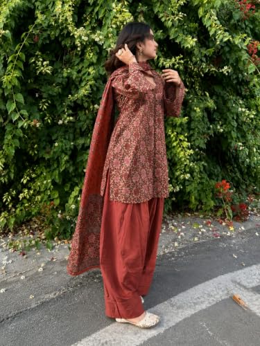 Image of ANNI Designer Farshi Salwar Suit for Women Cotton Printed | Kurta Dupatta Set for Woman | Straight Palazzo Outfit Round Neck V-Slit Long Sleeve Ethnic Dress Stylish Womens Clothing