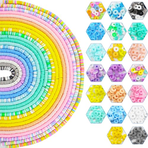 Sheryl&Rain 6570 Stück Heishi Perlen Set, 20 Farben Clay Perlen zum Auffädeln, 6mm Bunte Clay Beads, 20 Stränge Tonperlen Flache für Armbänder Ohrringe Armband Halskette Schmuckherstellung Kinder DIY