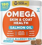 GOODGROWLIES Omega 3 Fish Oil for Dogs (180Ct) - Skin&Coat Chews - Dry & Itchy Skin Relief + Allergy Support - Shiny Coat - EPA&DHA Fatty Acids - Salmon Oil Chews Promotes Heart - Peanut