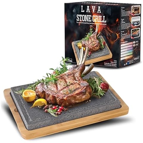 Artestia Extra Large Lava Stone for Cooking Steak, Hot Stone Plates Tabletop Grill, Sizzling Stone Grill Cooking Platter for Meat, BBQ Lava Steak Stones with Bamboo Platter (13.66"*8.93") Cover