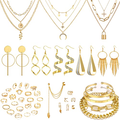VELESAY Schmuck Set für Damen Vintage Gold Kette Punk Fingerringe Geschichteten Mehrlagige Halsketten Damen Goth Stapelbare Midi Ringe Gold Set Damen Armbänder Gold Set Layer Kette Damen Gold Cover