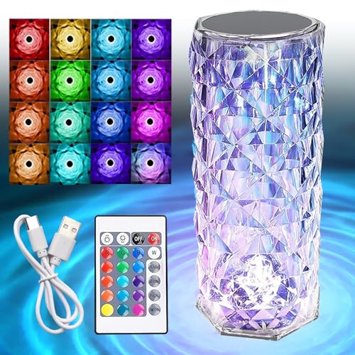 HBSFBH Lámpara de Mesa de Cristal, Lámpara de Cristal LED, Lámpara de mesa LED de diamantes con 16 colores RGB, 4 Modos Luz Recargable con Control Remoto, Lámpara de Mesa de Diamante de Cristal