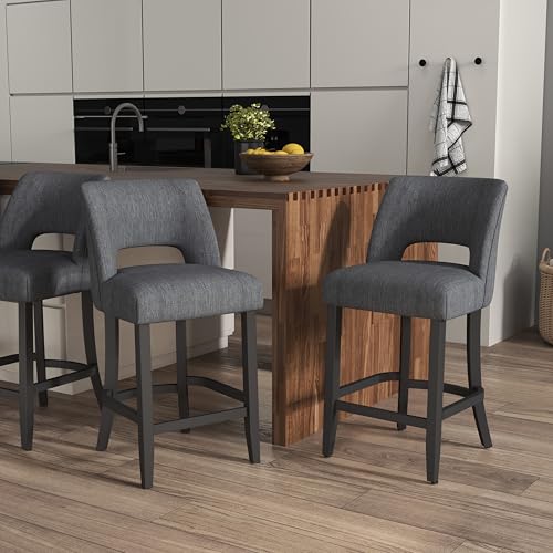 Image of VKNOW Bar Stools Set of 6, 26 inch Upholstered Counter Height Bar Stools | Modern Counter Stools with Black Rubberwood Legs for Kitchen Island Dining Room Bar, Dark Grey-Black Legs
