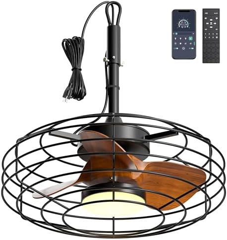 Coolbull Plug and Play Outdoor Ceiling Fans with Lights, 20'' Wet Rated Gazebo Fan Remote/APP Control, Dimmable Hanging Fan for Patio Pergola, Wood Color