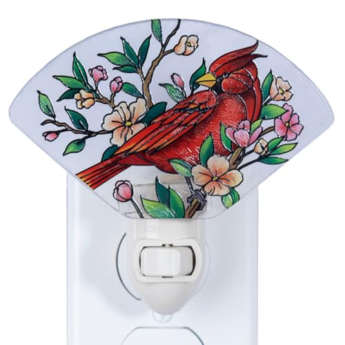 Image of Red Cardinal Night Light - Stained Glass Styled Plug-in Wall Light for Vertical Outlets - Real Glass with Warm Glow for Bedroom, Bathroom, Hallway, Gift for Bird Lovers