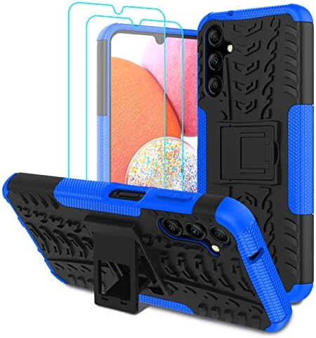 Iokmax Samsung Galaxy A14 4G/5G Case with 2 Pack Screen Protector,Military Grade Shockproof, Heavy Duty Robust Bumper Cover with Kickstand for Samsung Galaxy A14 4G/5G Phone Blue