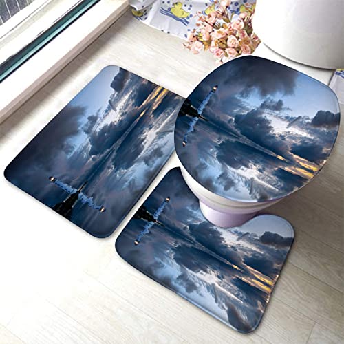 Badezimmerteppich-Set, 3-teilig, Leuchtturm, waschbare Badeteppiche, rutschfest, mit Rückenpolster, Konturteppich und Toilettendeckelbezug