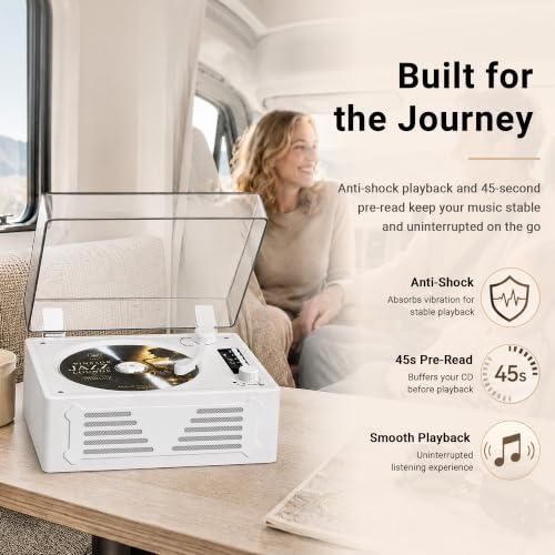 Image of Retro CD Player with Speakers Bluetooth in & Out White Wood Grain