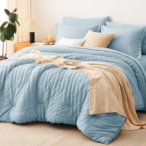 Image of CozyLux Oversized Queen Comforter Set with Sheets, 7 Pieces 98 inchx98 inch Light Blue Seersucker Bed in a Bag, Luxury Soft All-Season Bedding Sets with Down Alternative Comforter, Sheets, Pillowcases & Shams