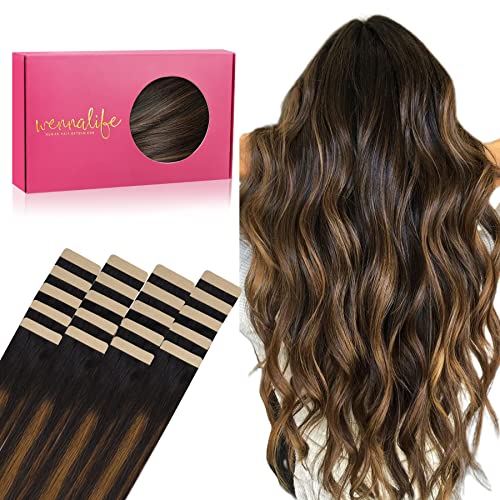 Wennalife Tape in Hair & Extensions: 20pcs 20 Inch 50g Natural Black Mixed Chestnut Brown Remy Human Hair Tape Extensions