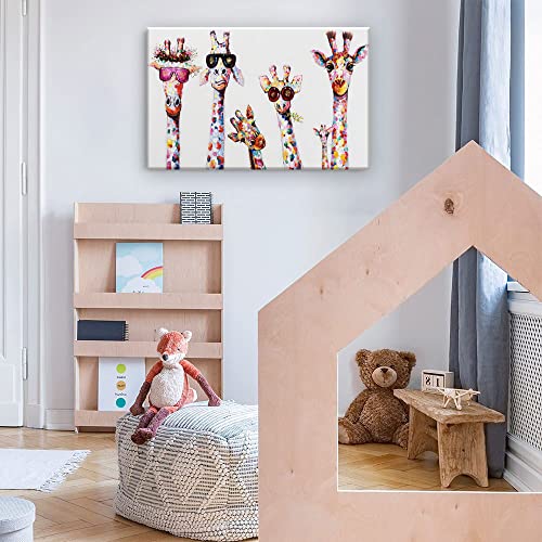 Funny Animals Canvas Wall Art Decor Lovely Giraffes Family Cartoons Painting Prints Picture Framed Stretched Wall Decoration Bedroom Kids Nursery Room Gift (Cute Giraffe, 24Inchx16Inch) #TOP2