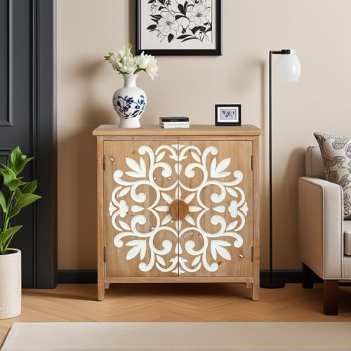 Image of Small Entryway Cabinet with Storage - Farmhouse Cabinet for Living Room, Decorative Storage Cabinet with Floral Carvings, Antique Brown & White Accent Cabinets