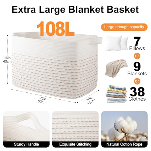Image of OIAHOMY 108L Extra Large Blanket Basket, 25 inchx16 inchx16 inch Rectangle Woven Cotton Rope Baskets for Living Room, Toy Storage with Handle- Light Yellow & White