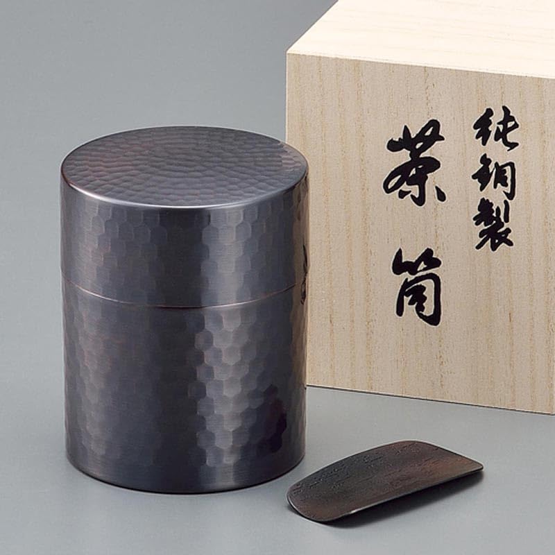 Amazon｜木箱入り 茶筒 茶箕付き 茶さじ 純銅製 槌目 ブロンズ仕上げ