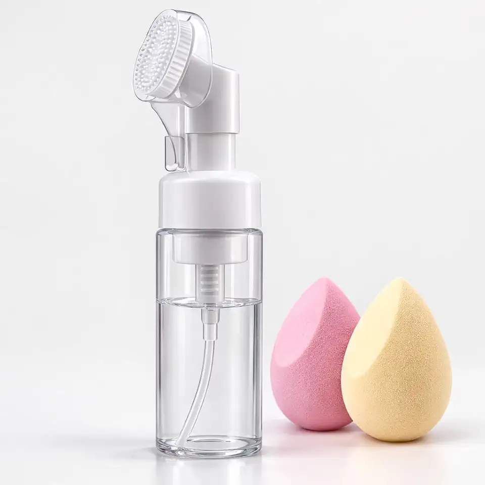 Frasco Pump Espumador 180ml com Escova de Silicone Portátil Ideal para Skincare e Limpeza Facial Dispenser Espumador + 2 Esponjas de Maquiagem