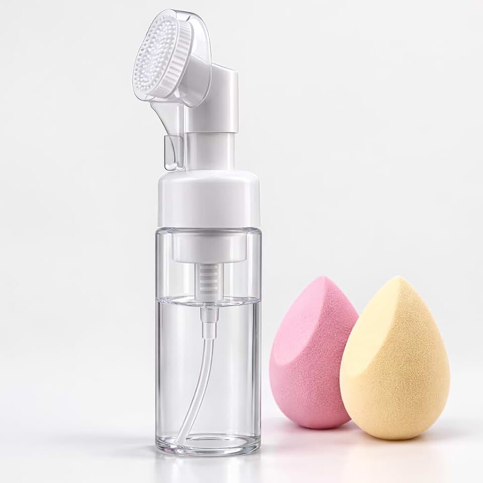 Frasco Pump Espumador 180ml com Escova de Silicone Portátil Ideal para Skincare e Limpeza Facial Dispenser Espumador + 2 Esponjas de Maquiagem