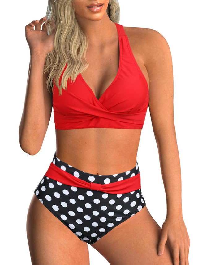 Traje de Baño para Mujer Estampado Floral Cuello en V Dos Piezas Conjunto Bañador Control de Vientre de Cinturas Alta Bikini Bañador de playa de verano