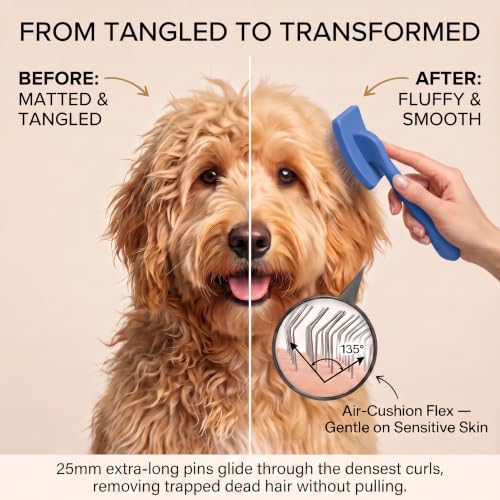 Image of Wooden Long Pin Slicker Brush for Large Dogs, Doodles, Poodles, Long Hair | Grooming, Detangling, and Fluffing for Wavy and Curly Hair-Designed for Heavy, Thick Coats to Prevent Matting at Home