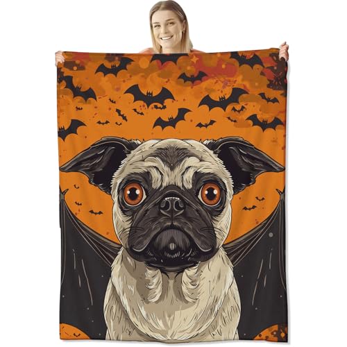 Halloween Blanket for Kids Adults, Flannel Halloween Blankets Gifts, Halloween Throw Blanket for Sofa Couch Bed Living Room Soft Warm Cozy Halloween Bat Pug Decor 50" x 60"