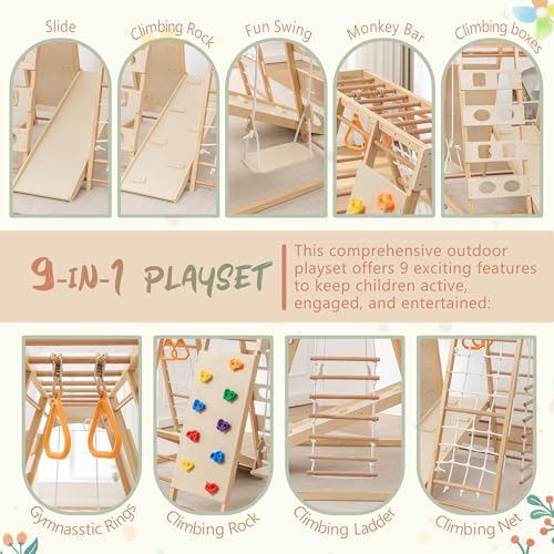 Image of 9-in-1 Toddler Indoor Jungle Gym & Playground Set, Wooden Climbing Toy with Slide, Swing, Climbing Net, Rings - Montessori-Inspired Kids Playset for Indoor Fun & Development, Ages 3-8