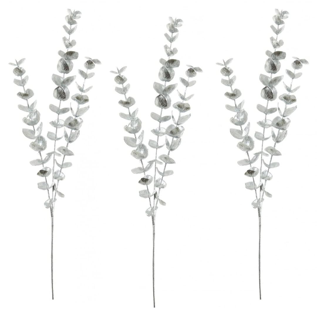 AngraveMemorials Shiny Silver Chrome Set of 3 Eucalyptus Stem Leaf Filler Spray (77cm)