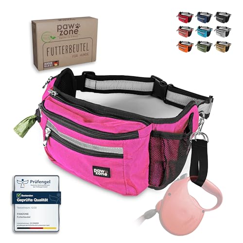PAWZONE Futterbeutel Hunde - Leckerlibeutel für Hunde - Bauchtasche für Hunde Zubehör - Leckerlitasche für Hunde - Inkl. Reflektorband & Zusatzgurt für Flexileine (Pink)
