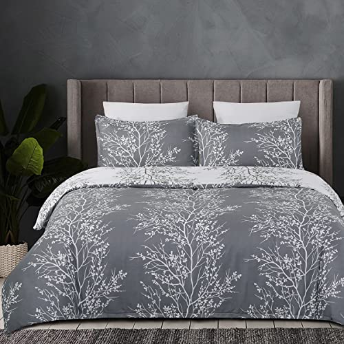 Vaulia Soft Microfiber Floral Duvet Cover Set, Modern Bedding Set, Branches Pattern White/ Grey Color Reversible Design 3-Piece ( 1 King Duvet Cover 2 Pillow Shams ) #TOP2