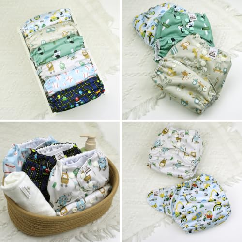 Image of Mama Koala 6 Pack Reusable Cloth Diapers 3.0 for Babies Girls Newborn, One-Size Adjustable Baby Diaper, Durable Stitching, Back Opening for Inserts, Breathable Awj Lining, Leak Prevention-Robots car