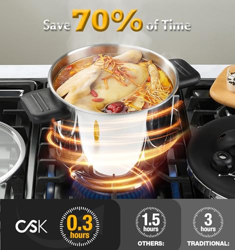 Image of KOCH SYSTEME CS Stainless Steel Pressure Cooker 6.3 QT, Olla de Presion, Easy One-Press Lock, 3 PSI Settings Stovetop Pressure Cookers, Save 70% Time, Induction Compatible, Glass Lid & Steamer Rack