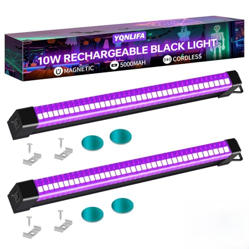 YQNLIFA 5000mAh Rechargeable Black Light Bar Battery Powered Black Lights for Glow Party Cordless Blacklight Strip for Halloween Decorations Fluorescent Poster Body Paint Uranium Glass 2 Pack