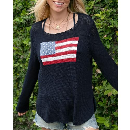 Image of Women American Flag Sweater Loose Vintage USA Sweatshirt Long Sleeve Crewneck Hollow Out 4th of July Jumper