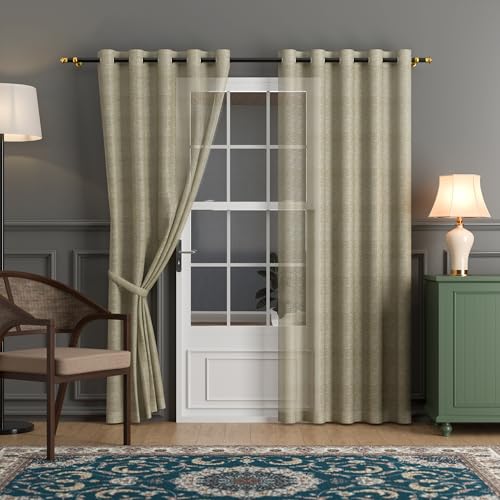 Image of Kuber Industries 2 Pcs Polyester Linen Door Sheer Curtain 7 Feet for Home Decor | 8 Eyelet with Curtain Multiple Use for Living Room /Bedroom | Plain - Chikoo