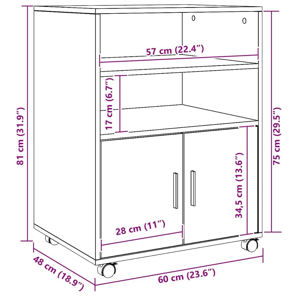 vidaXL Armario con Ruedas Madera ingeniería Roble artisian 60x48x81 cm, Armario rodante, archivador, archivador para casa, armarios rodantes