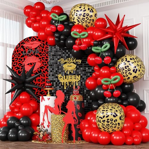 Image of Red Black Balloons Garland Arch Kit, 133pcs Green Cherry Black Red Explosion Star Foil Balloons, 4D Cheetah Print Mylar Balloons for Berry Themed Birthday Baby Shower Bachelorette Party Decorations